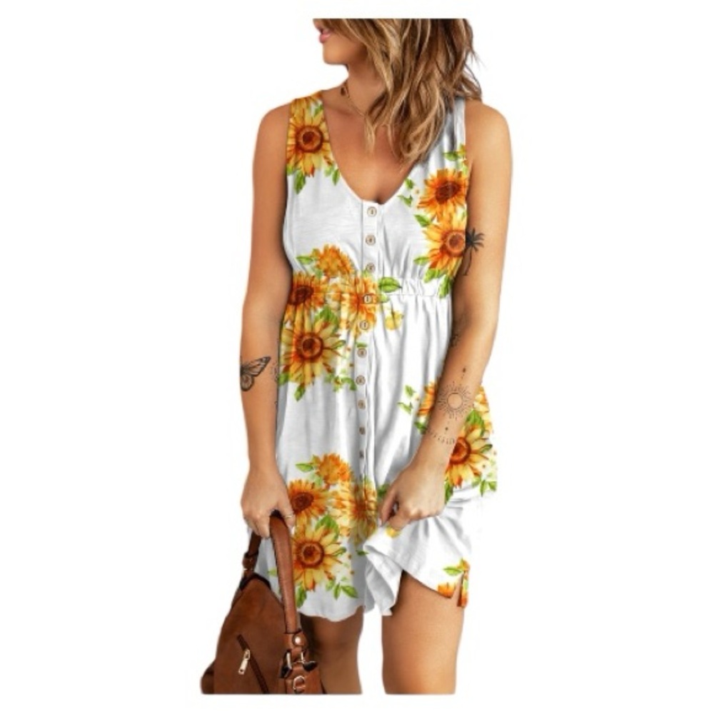 Sunflower Print Button-Front Sleeveless Midi Dress | Size M l Poshmark